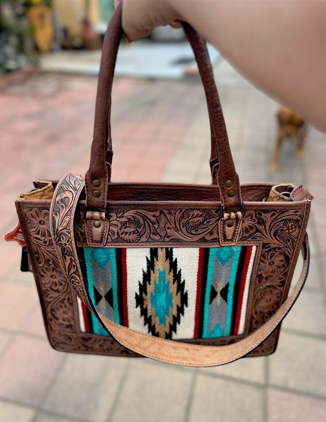 Teal Aztec Tote Hand-Tooled Saddle Blanket Full Grain Leather Handbag