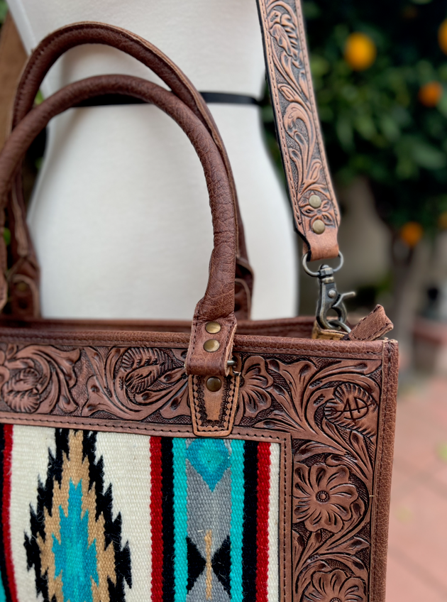 Teal Aztec Tote Hand-Tooled Saddle Blanket Full Grain Leather Handbag