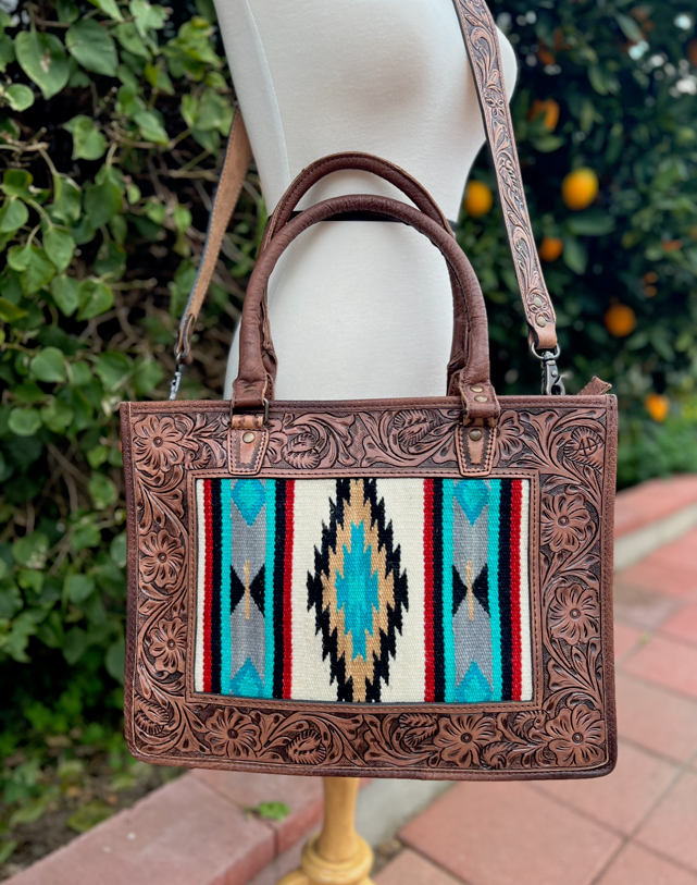 Teal Aztec Tote Hand-Tooled Saddle Blanket Full Grain Leather Handbag